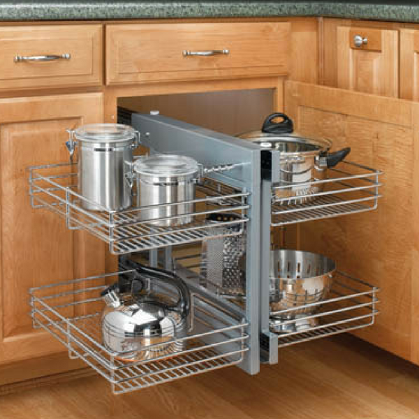 15 in. Blind Corner Cabinet Pull-Out Chrome 2-Tier Wire Basket Organizer  with Soft-Close Slides